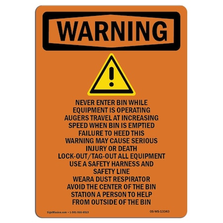 OSHA WARNING Sign, Never Enter Bin While W/ Symbol, 7in X 5in Decal